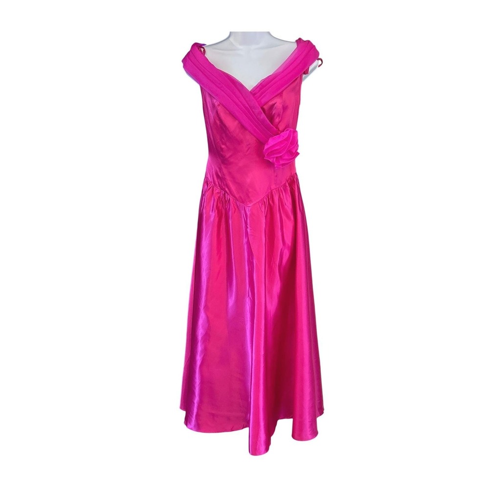 80s Unbranded Satin Midi Dress Barbiecore Prom Romantic Glamour Regencycore